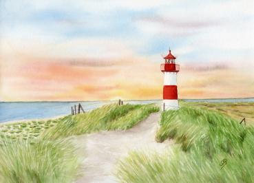 Postkarte DIN-A5 Aquarell Kunst Maritim Druck Kunstdruck Strandkorb Sylt Nordsee Meer Möwe Strand Dünen Sonnenuntergang